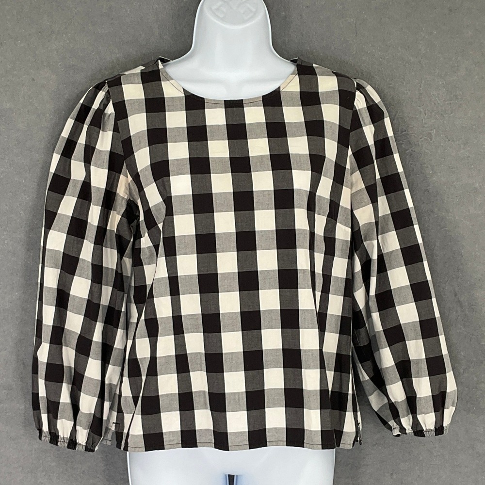 J. Crew Black White Buffalo Check Gingham Puff Sleeve Top Shirt Sz 6 Preppy